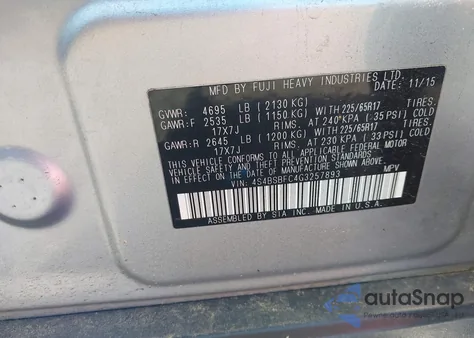 2016 Subaru Outback 2.5I Premium из США, поврежденный, VIN 4S4BSBFC4G3257893